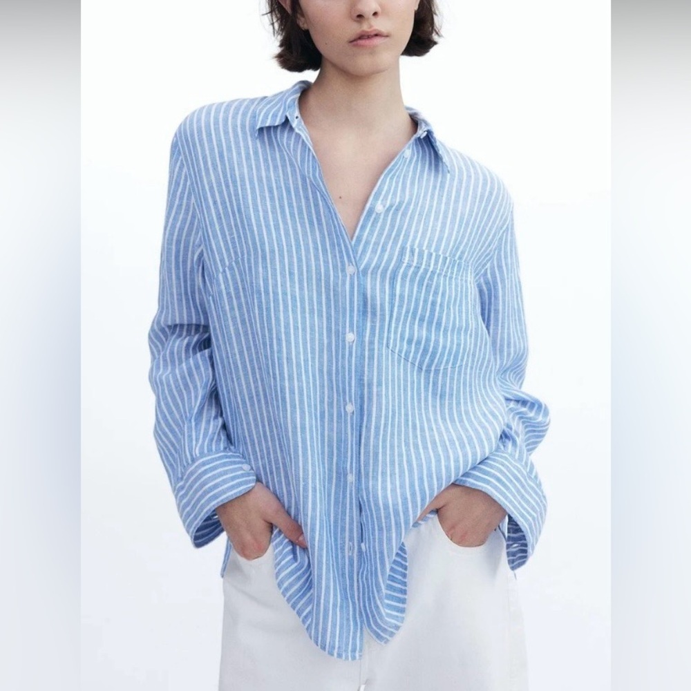 H&M 100% Linen Striped Button Down Shirt XXL Coastal Grandma Oversized Vacation